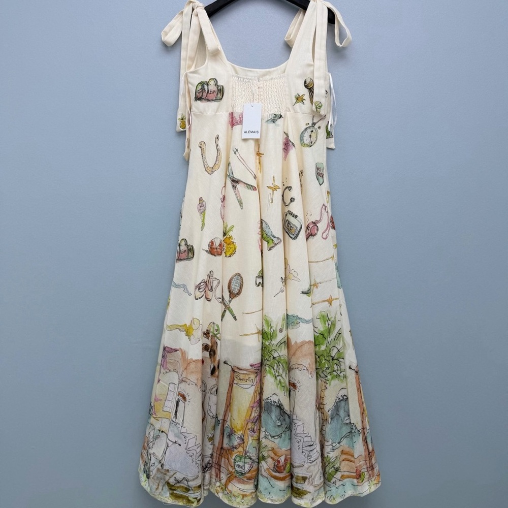 Alemais Cream Midi Dress with Multicolor Illustration Print - Picture 8 of 9